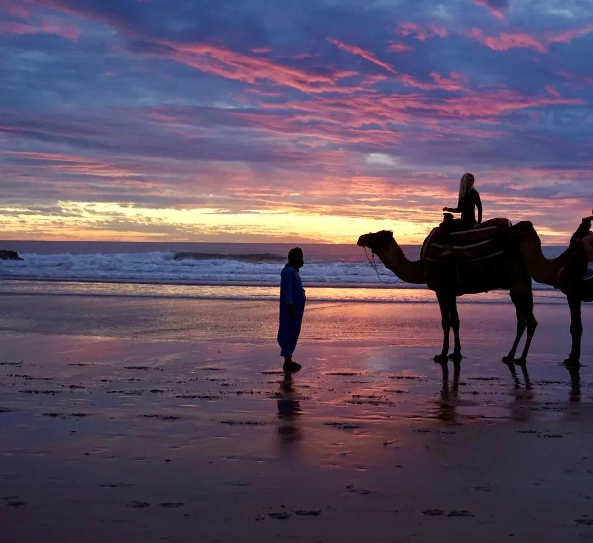 A camel and people silhouetted on the beach beneath a pink sunset sky