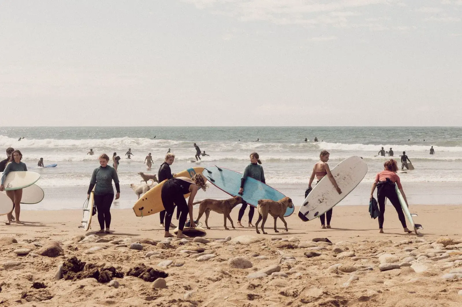 Surfers carrying their boards along the beach with waves breaking behind them